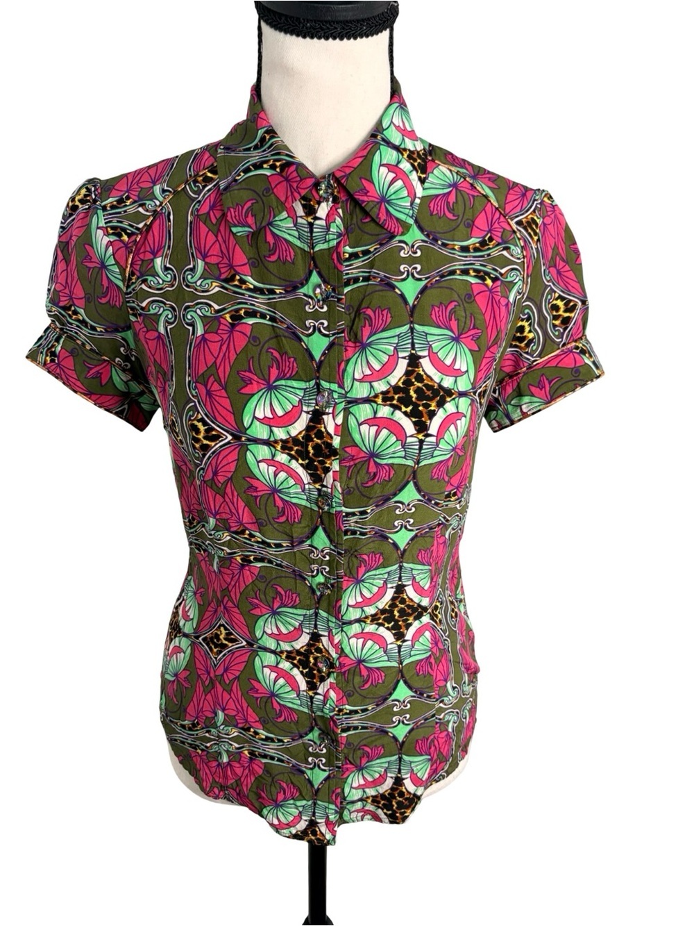 Cynthia Steffe 100% Silk Printed Button Front Blouse S Y2K